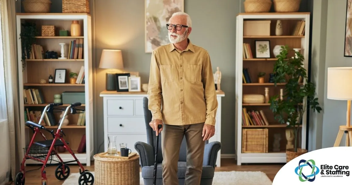 Fall prevention for Seniors Home Safety Exploring fall prevention for seniors — an elderly man stands in a safely arranged room.