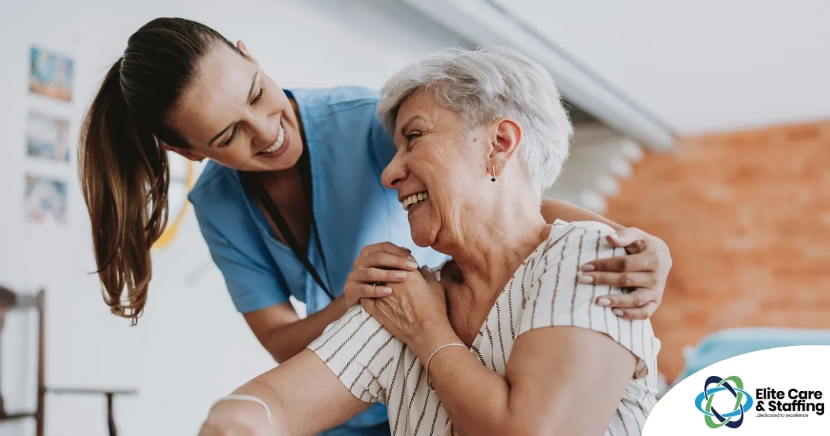 A female caregiver helping an older woman with stroke recovery at home.